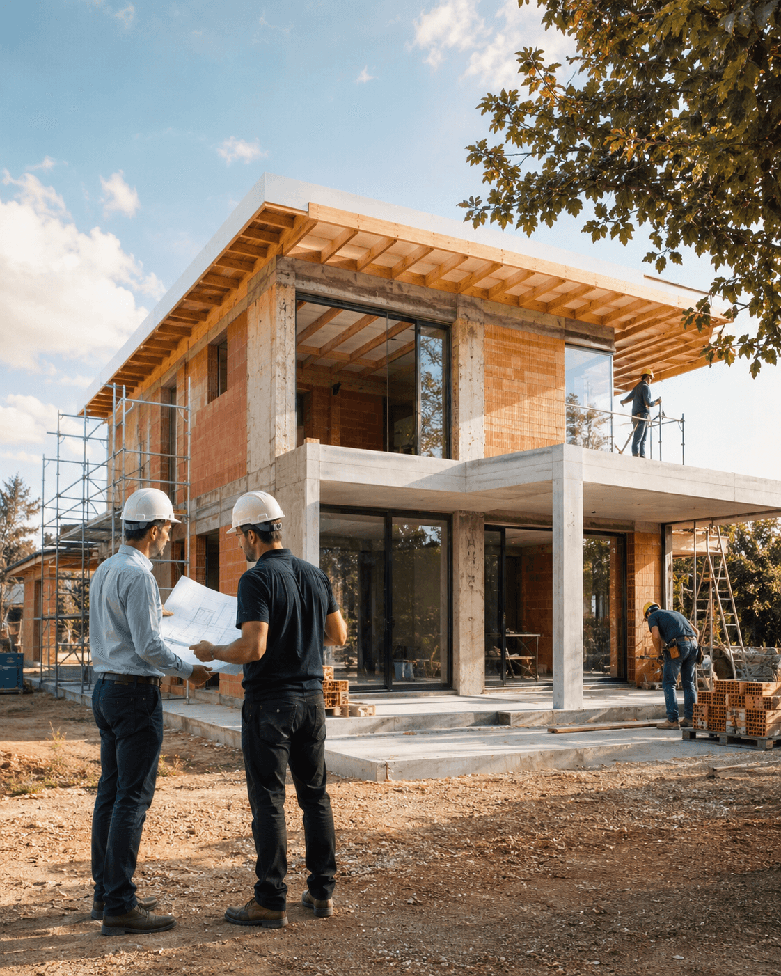 Maison contemporaine en construction avec deux personnes consultant les plans