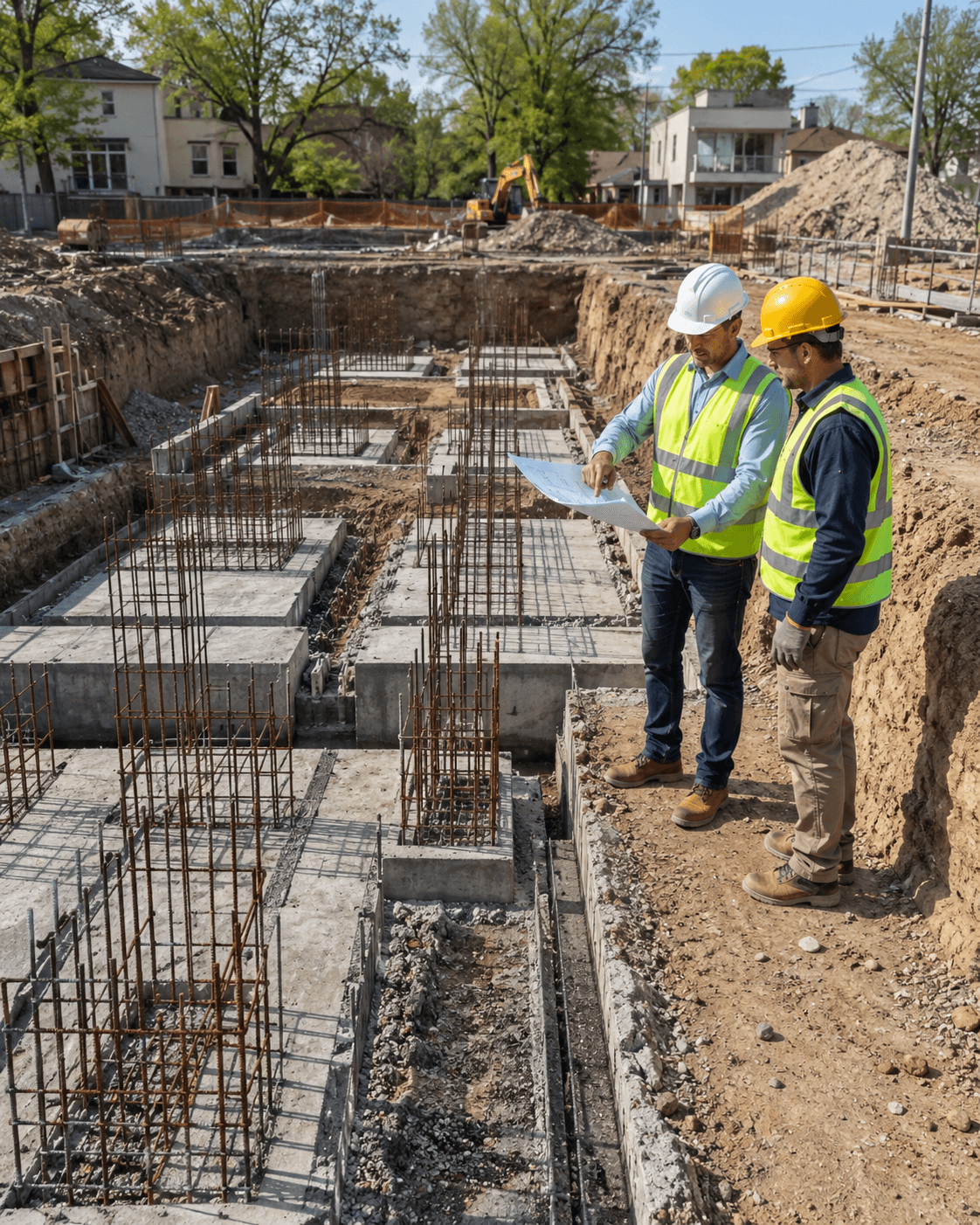 Semelles de fondation ferraillées et coffrées avant coulage