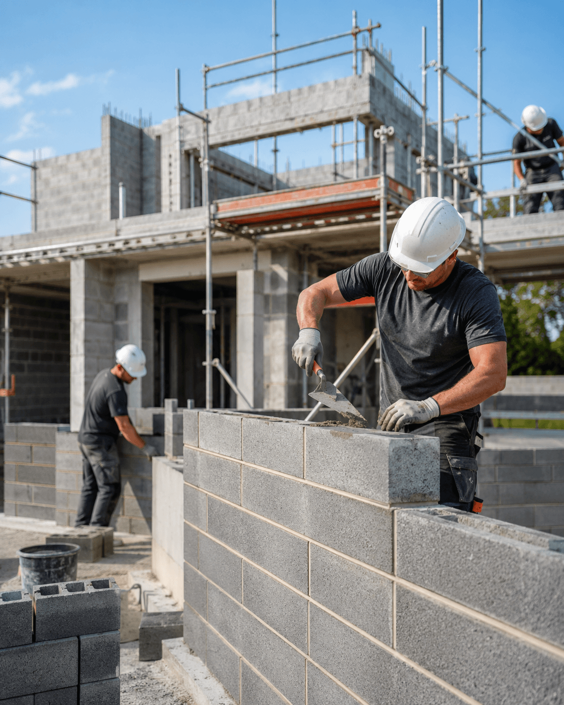 Maçon montant un mur en blocs béton sur un chantier de gros œuvre