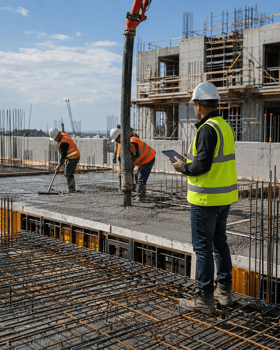 Coulage d'un plancher béton armé à la pompe sur trame de ferraillage