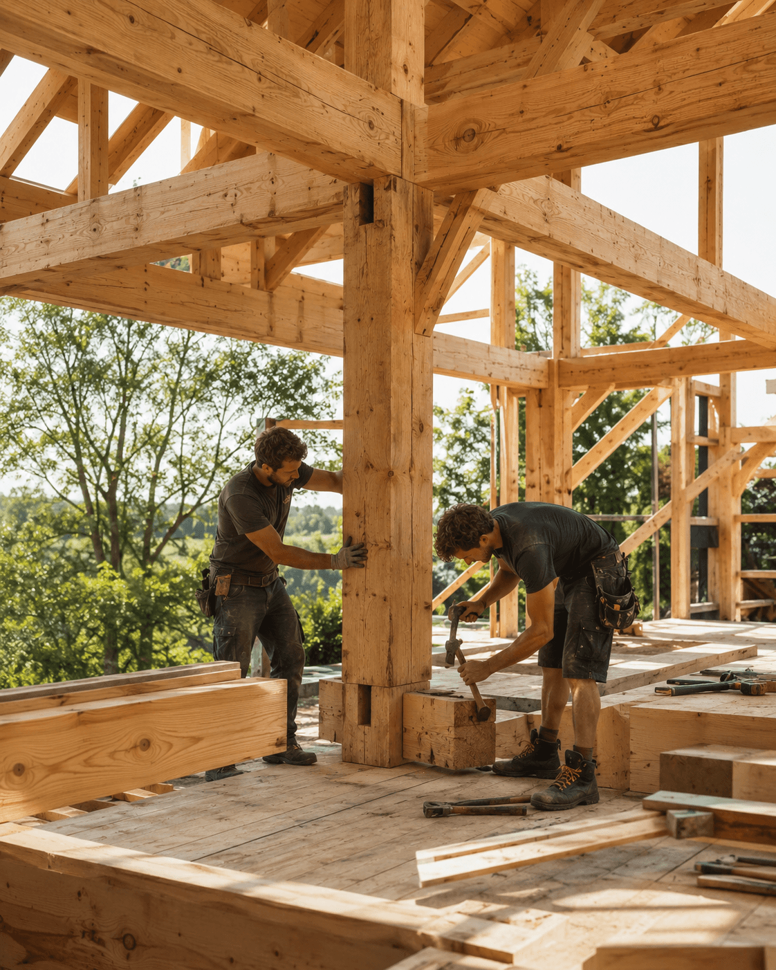 Charpentiers assemblant une structure à ossature bois massif