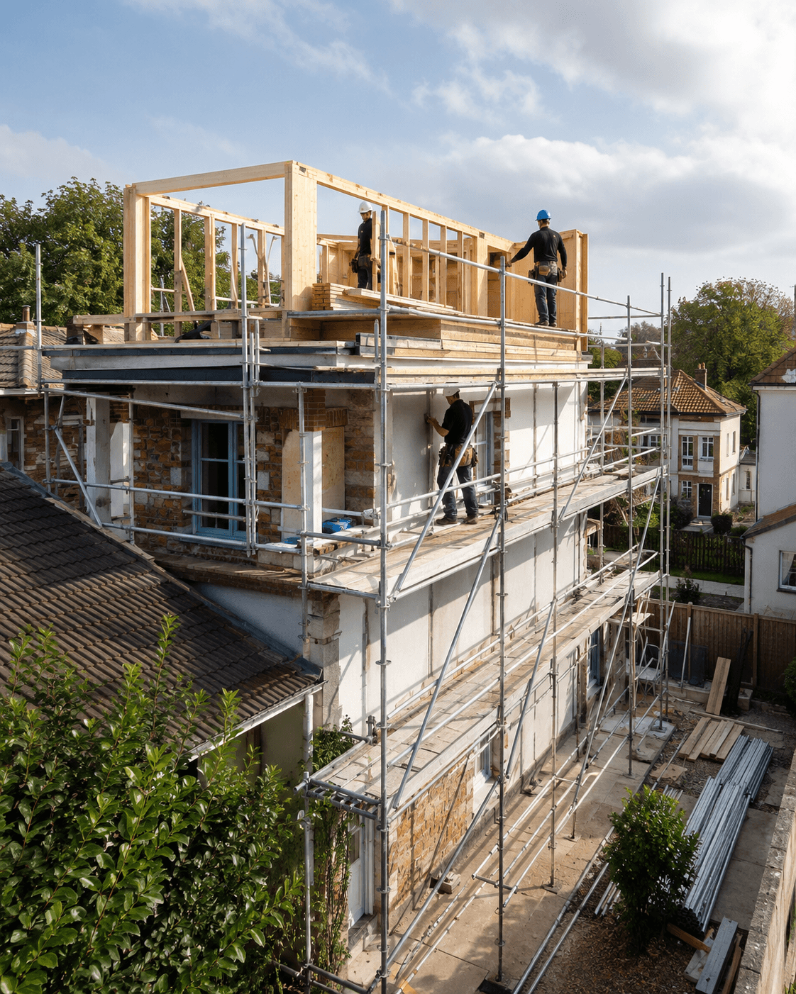 Surélévation d'une maison à ossature bois sur échafaudage