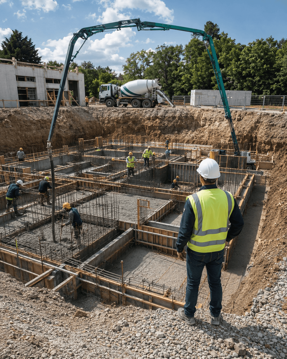 Coulage des fondations en pleine fouille à la pompe à béton sur un chantier